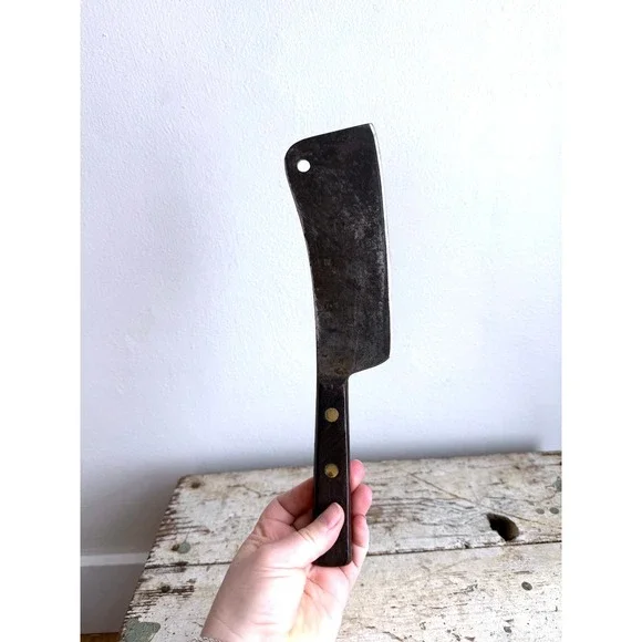 Vintage Carbon Steel Meat Cleaver Butcher Knife Wood Handle Brass Rivets 12 Inch - Picture 2 of 6